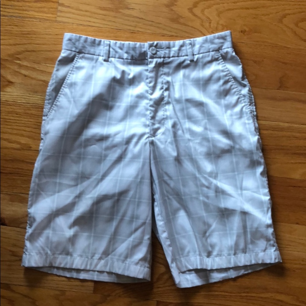 White grey plaid golf shorts